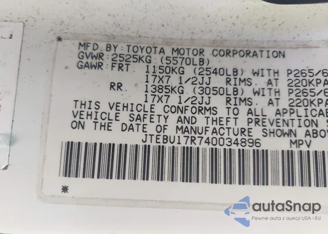 2004 Toyota 4Runner Limited V6 from USA, damaged, VIN JTEBU17R740034896